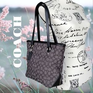 💯 COACH Signature Smoke black Zip Top Shopper Tote